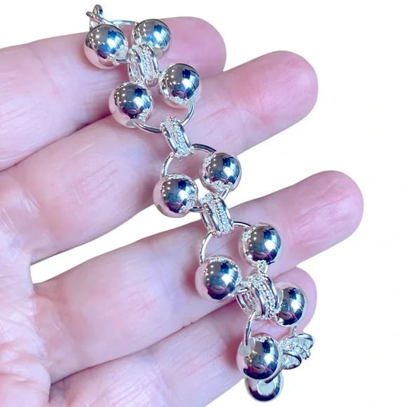 925 STERLING Stamped 8 mm Silver Round Beads Dainty Links Bracelet - Picture 5 of 9